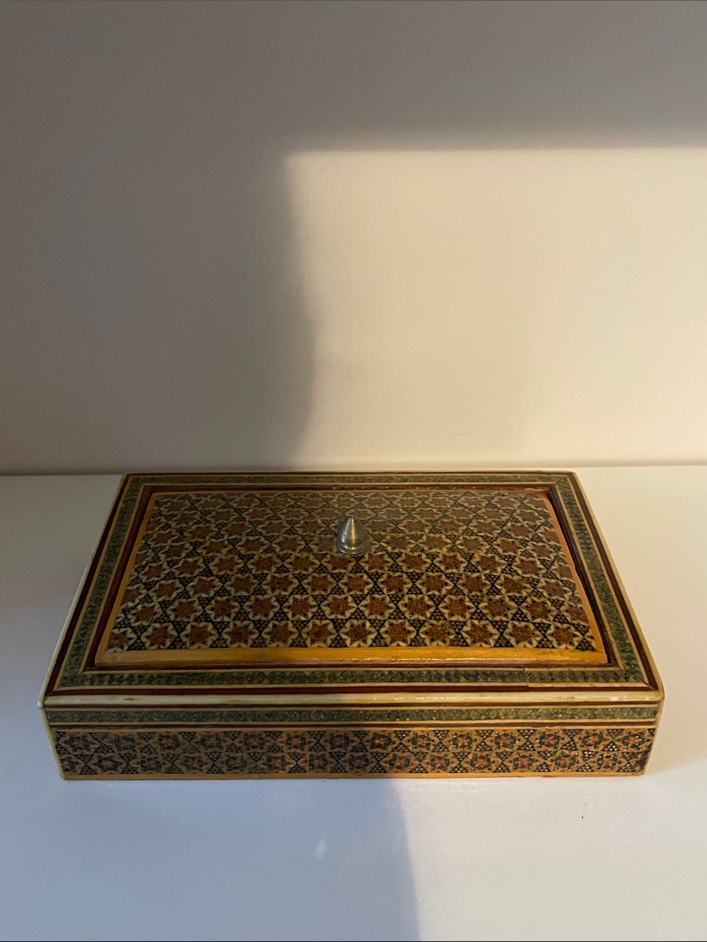 Moorish Intricate Mosaic Inlaid Wooden Decorative Box — Brown & Gold Pattern